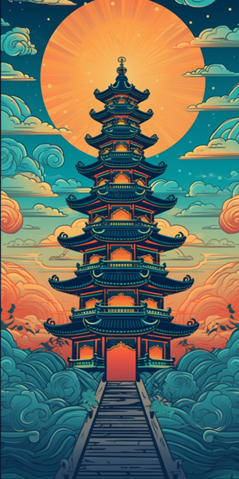 中国风高塔角楼彩云圆月手绘插画,插画/手绘图,插画/手绘图库,插画/手绘图下载,插画/手绘